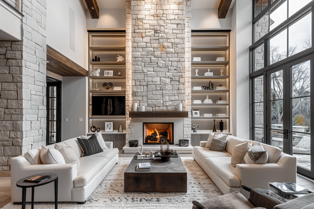 Modern minimalist living room with high ceilings and natural light