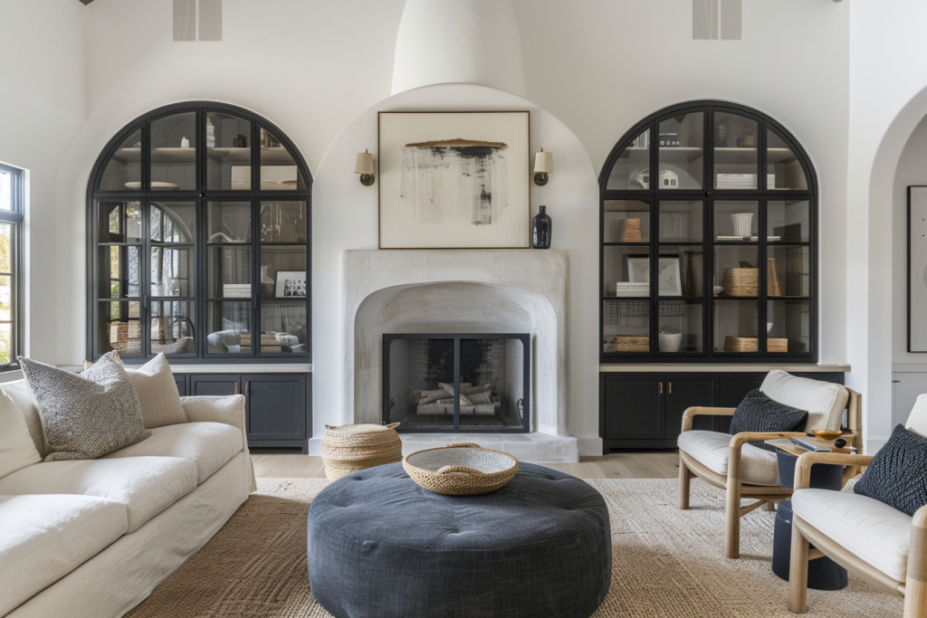 Sleek stone fireplace in a modern minimalist living room