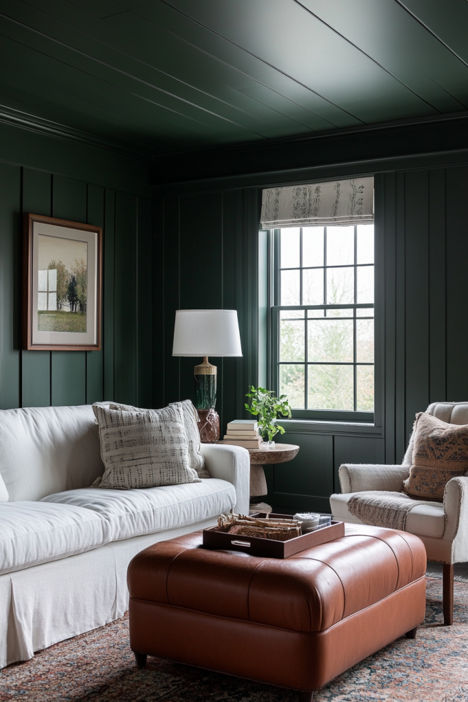 Modern farmhouse living room with dark green shiplap walls, white slipcovered sofa, leather ottoman, and rustic wooden side table.