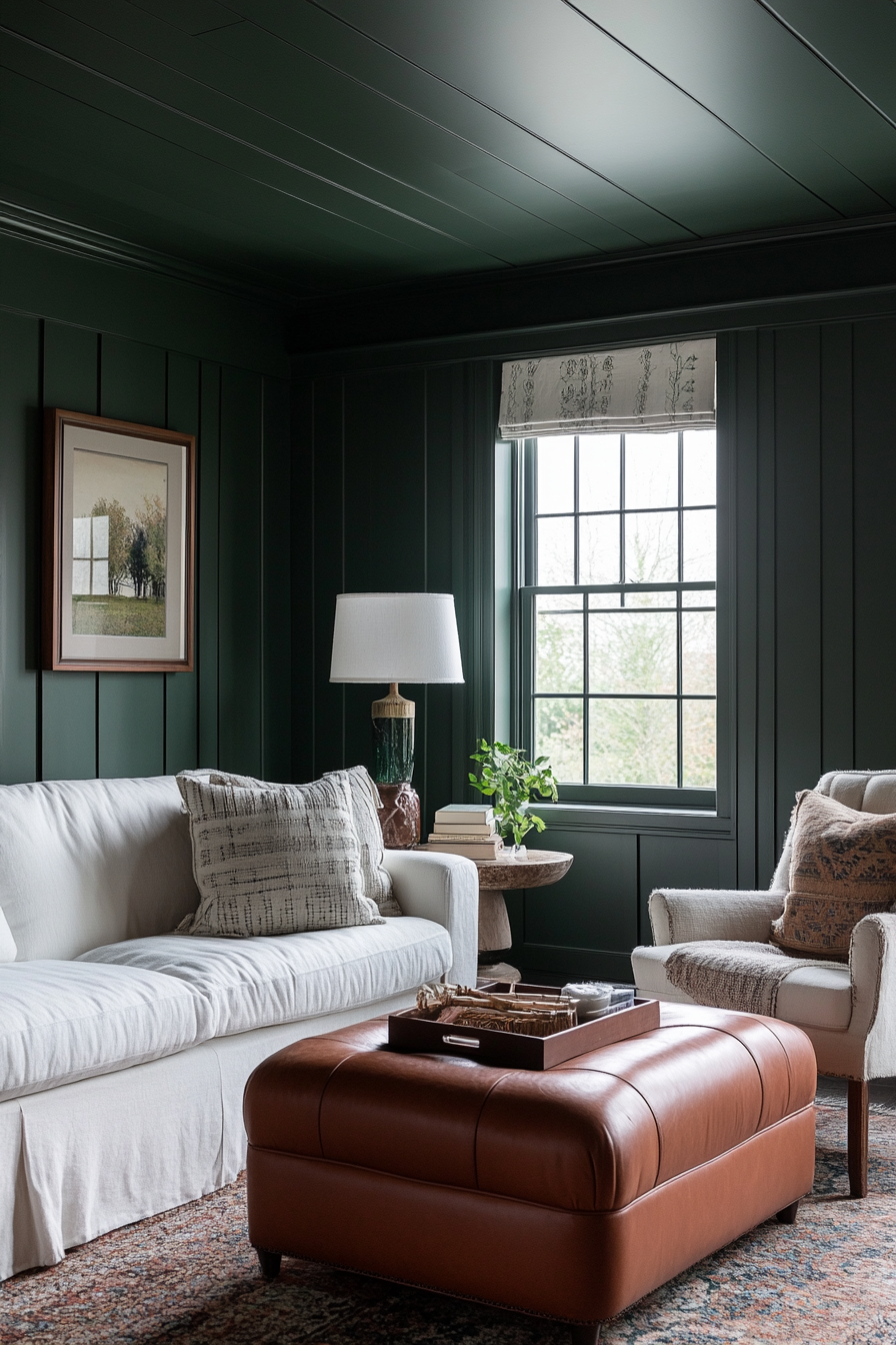 modern farmhouse living room with rich green accents