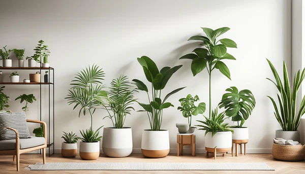 Minimalist living room with large indoor plants, bringing nature indoors and adding elegance.