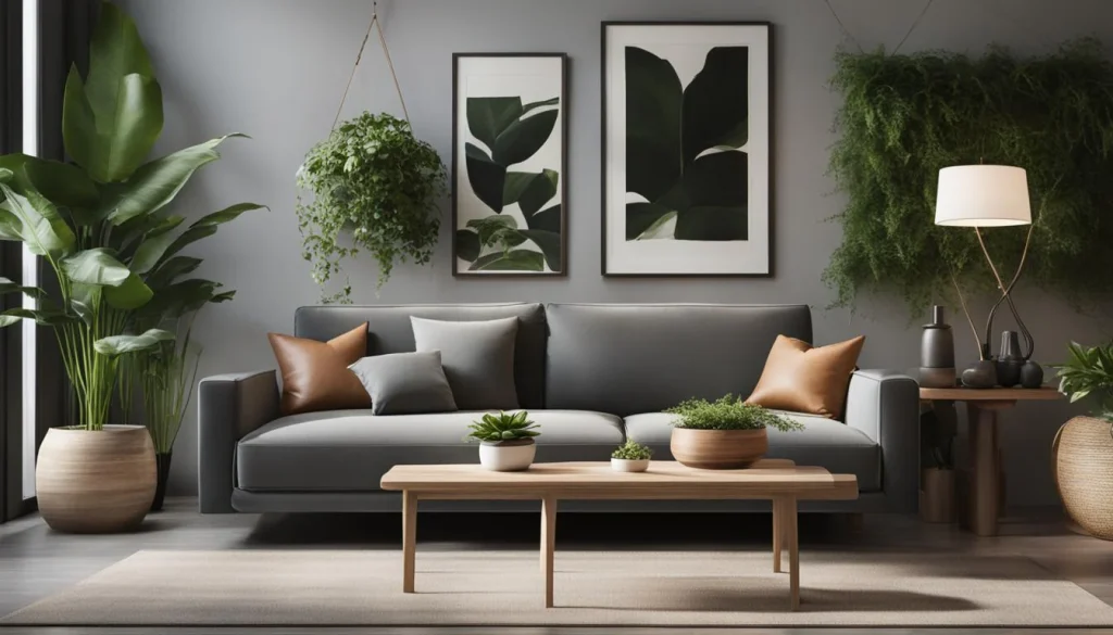 Minimalist living room with large indoor plants, bringing nature indoors and adding elegance