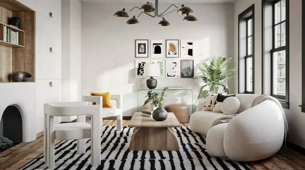 Modern living room with sleek curved furniture, featuring a rounded sofa, curved accent chairs, a wooden coffee table, and a patterned rug, creating a cozy and stylish atmosphere.