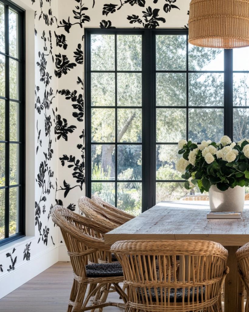 Dining room with large windows, wicker chairs, a wooden table, and black-and-white floral textured walls. The space is bright and cozy, with natural light streaming in and a vase of white flowers as the centerpiece.