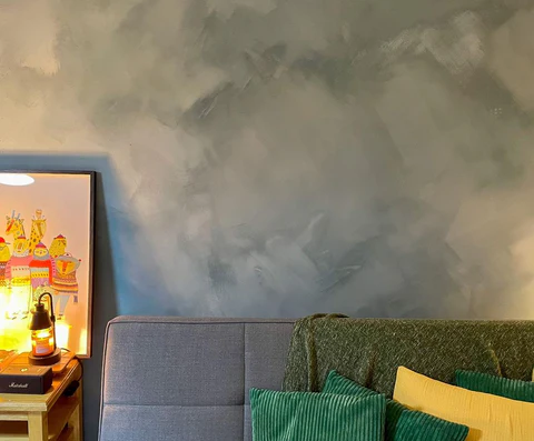 A room featuring limewash or Venetian plaster on the walls, showcasing a smooth, elegant finish. The limewash gives a soft, matte, and slightly textured appearance, while the Venetian plaster creates a polished, luxurious look with a marble-like surface, perfect for upscale interiors.