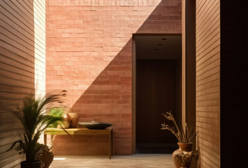 An interior featuring an exposed brick wall, which adds character and warmth to the space. The rustic texture of the bricks contrasts with modern decor elements, creating an industrial-chic atmosphere.