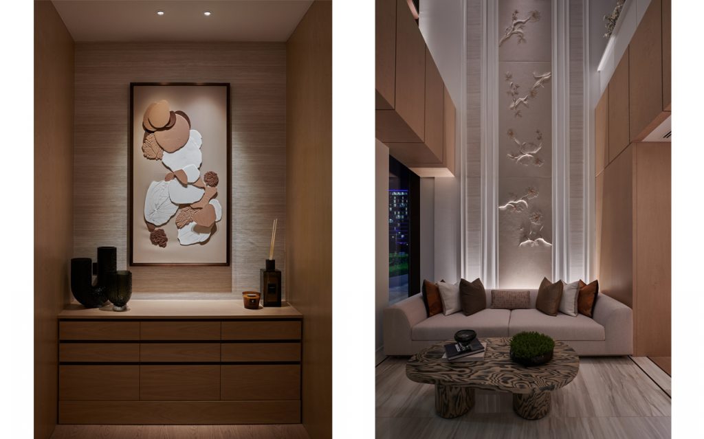 Two views of a modern interior: one featuring a textured wall art piece with soft lighting above a wooden console, and the other showcasing a cozy seating area with a sculptural coffee table and illuminated wall details. The lighting adds warmth and elegance to the minimalist design.