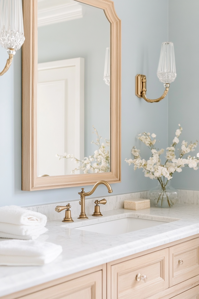 A close-up of a spa-like bathroom vanity featuring light wood cabinetry, a marble countertop, a brass faucet, and a pastel blue wall. A wooden-framed mirror and crystal-accented brass sconces enhance the elegance, while a vase of white flowers adds a fresh, serene touch.