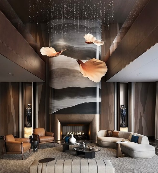 A luxurious, high-ceiling living room featuring delicate floral-inspired sculptural lighting, a grand fireplace with abstract artwork, and elegant modern furniture in warm tones. The space blends contemporary art with a cozy, refined ambiance.