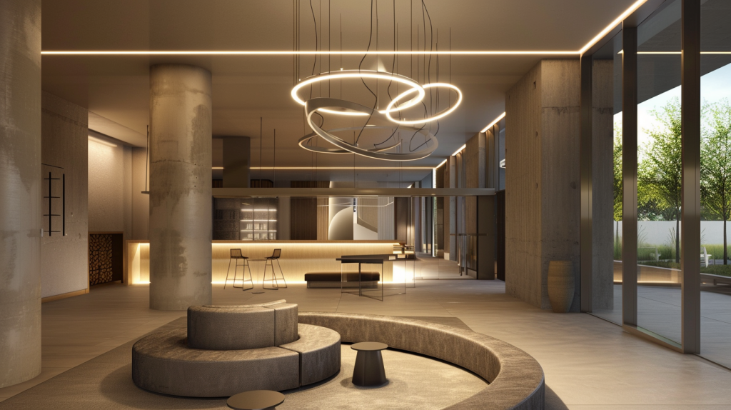 A contemporary lobby with sculptural ring lighting hanging from the ceiling, minimalist circular seating, and industrial concrete columns. The space is warmly lit with a mix of ambient and architectural lighting, creating an inviting atmosphere.