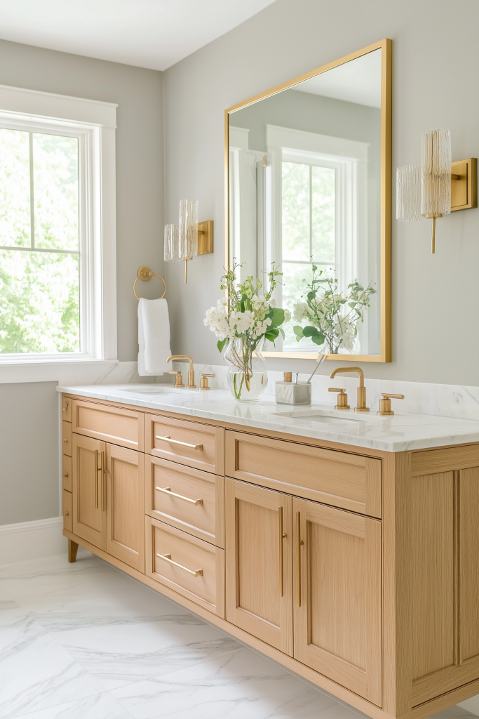 A modern spa-inspired bathroom featuring light wood cabinetry with brass hardware, a marble countertop, a gold-framed mirror, and elegant glass wall sconces. Natural light streams through the window, complemented by a vase of white flowers for a fresh and serene feel.