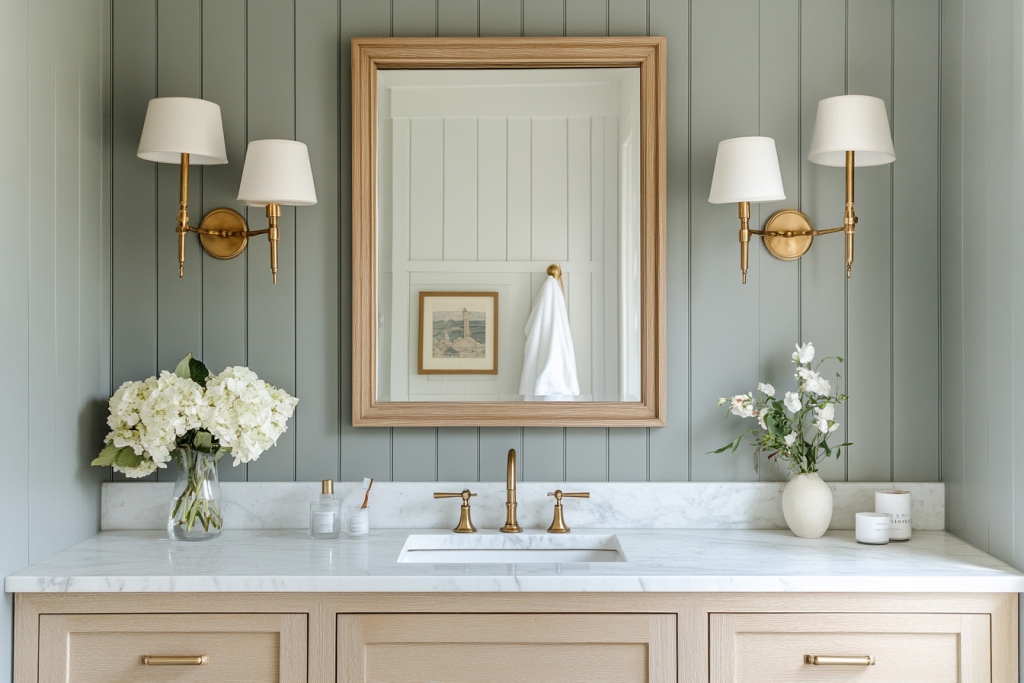 A serene spa-inspired bathroom featuring light wood cabinetry, a marble countertop, brass fixtures, a large framed mirror, and elegant wall sconces. Fresh white flowers and candles complete the tranquil atmosphere.