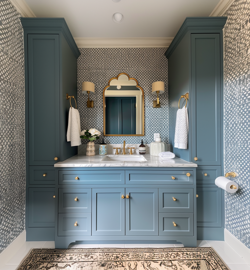 A sophisticated spa-inspired bathroom featuring a deep blue vanity with brass hardware, a marble countertop, a gold-framed mirror, and textured patterned wallpaper. Elegant wall sconces and a soft rug complete the luxurious design.