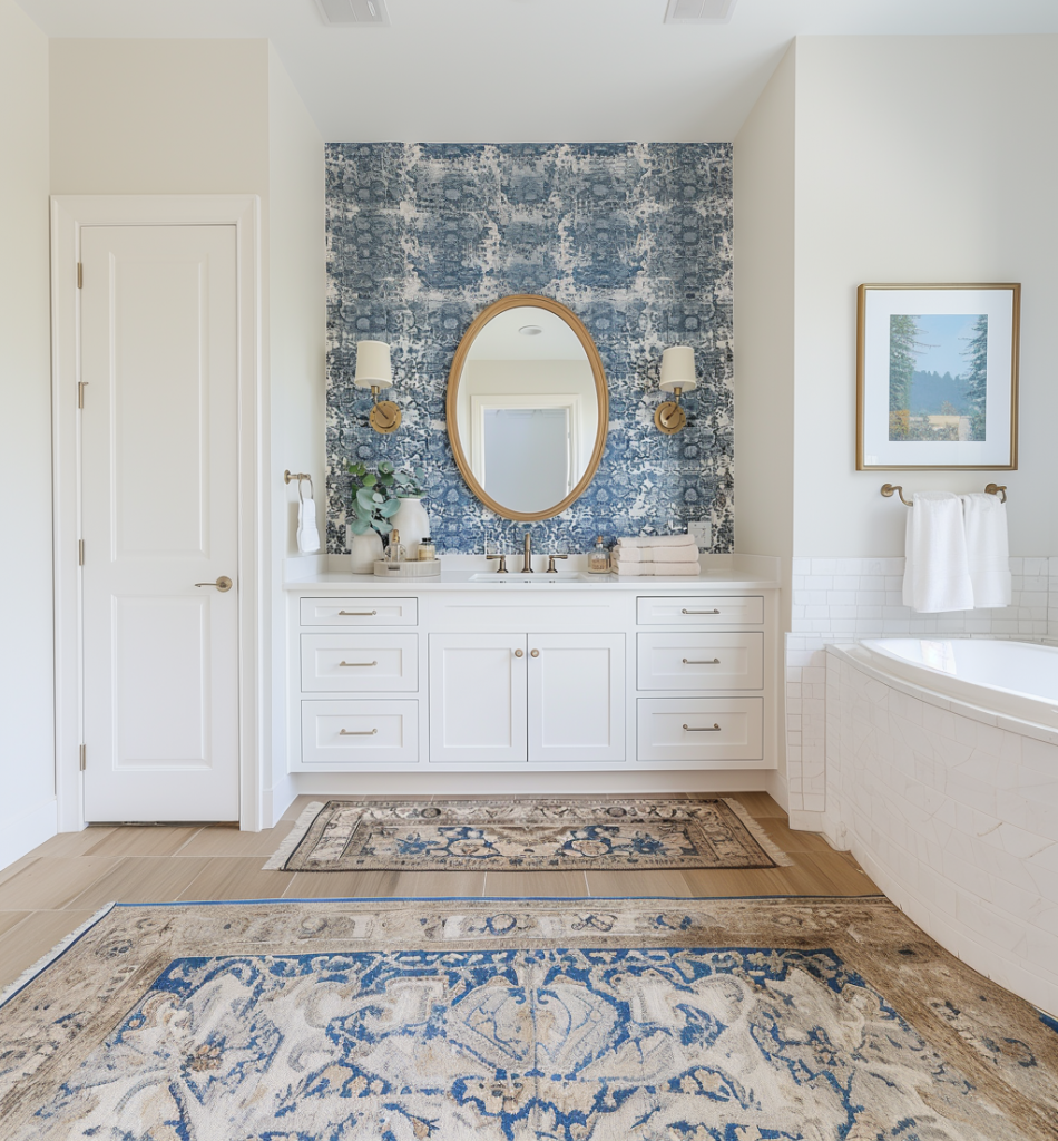 A charming bathroom featuring a white double vanity with brass hardware, a gold oval mirror, and a bold blue patterned wallpaper as a backdrop. The space is accented with matching vintage-style rugs and soft lighting from wall sconces. A freestanding bathtub and framed artwork complete the serene and elegant look.