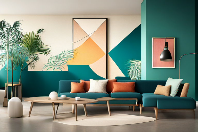 A stylish living room featuring a bold, vibrant patterned rug paired with solid-colored teal and orange cushions, a modern teal sectional sofa, and geometric artwork for balance and harmony.