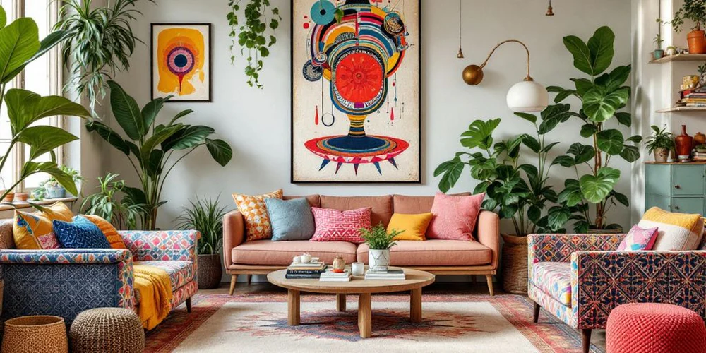 An eclectic maximalist living room featuring bold colors, layered textures, mixed patterns, and carefully curated personal treasures such as art, books, and unique travel souvenirs. The space blends vibrant decor with a cozy and artistic feel.