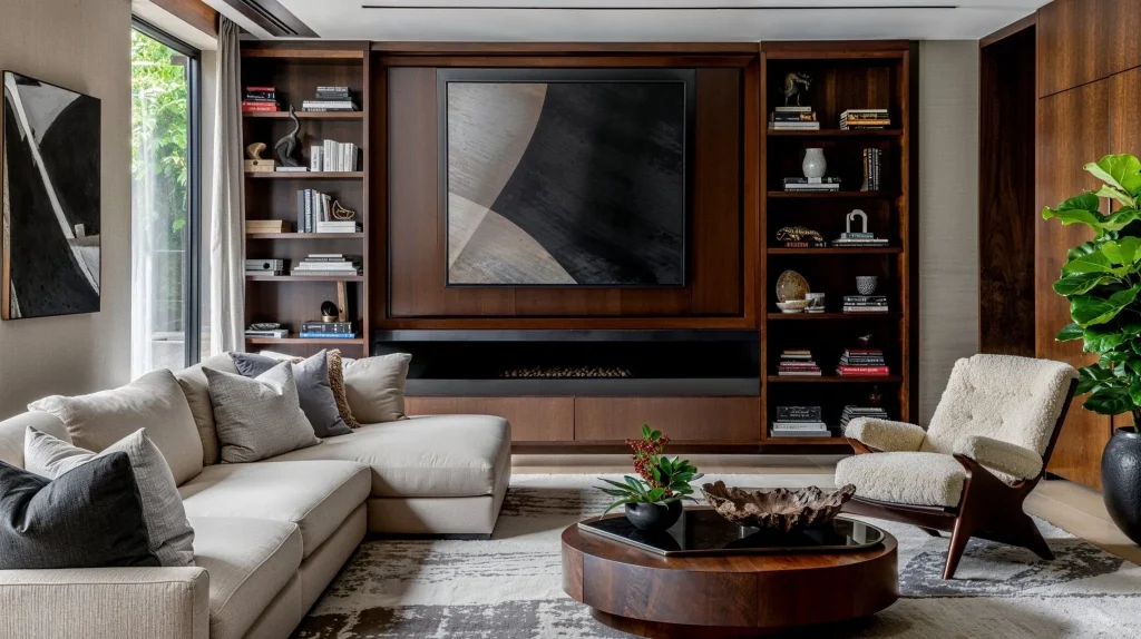 A Japandi-style living room combining Japanese and Scandinavian influences, featuring a beige sectional sofa, a cozy armchair with wood and bouclé fabric, and a circular wooden coffee table. The backdrop includes warm wood shelving with curated decor items and books, a built-in fireplace, and a large abstract painting. A potted green plant adds a natural element, complementing the neutral tones and minimalist aesthetic.