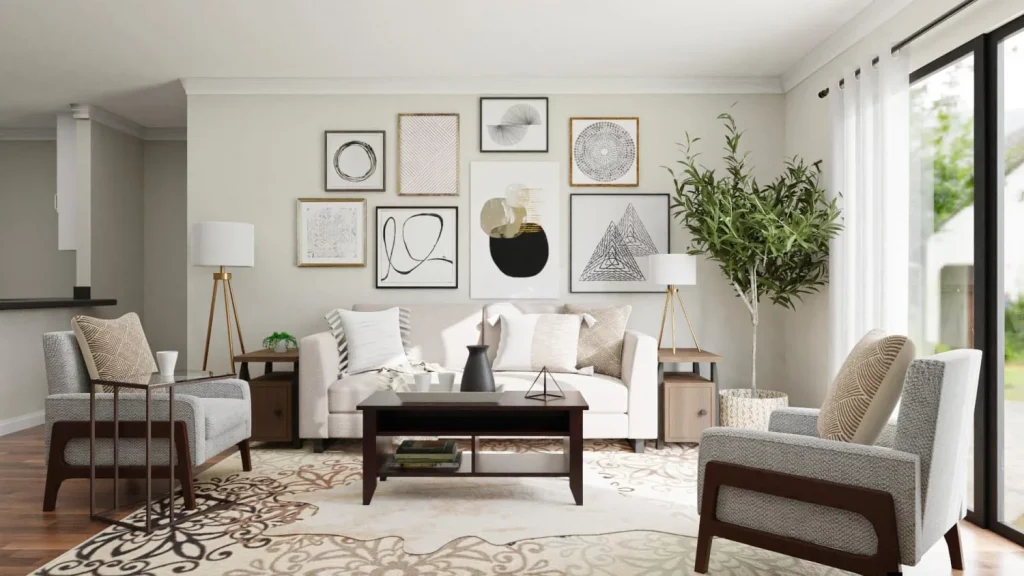 A stylish living room showcasing layered patterns, including bold floral curtains, smaller geometric cushions, and striped accents for a balanced and cohesive look.