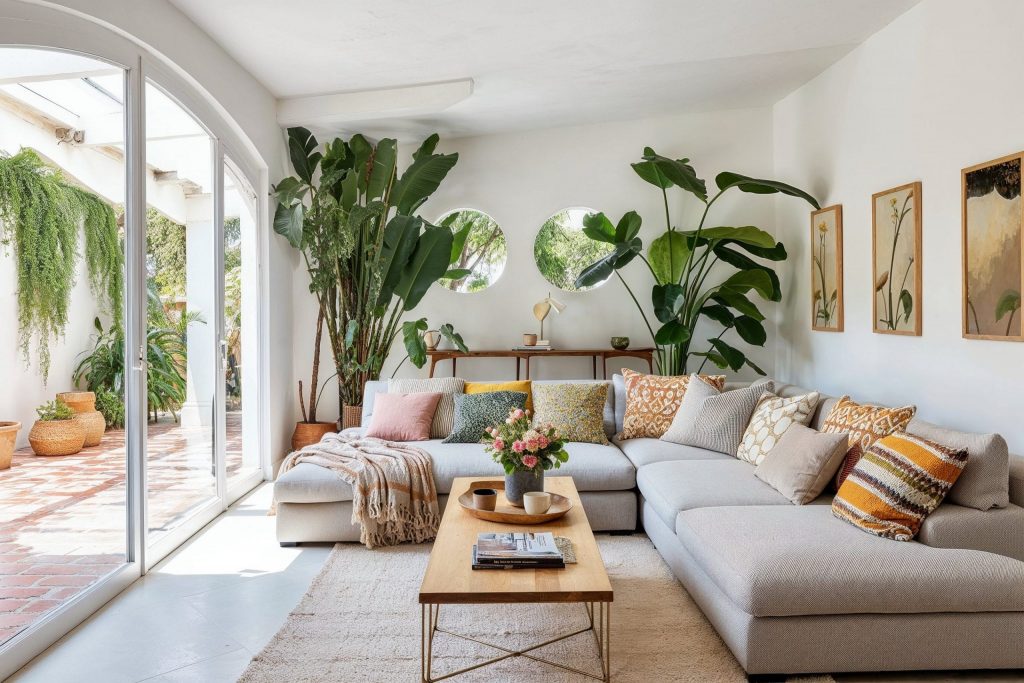 A modern bohemian living room featuring a neutral sectional sofa with colorful patterned throw pillows, a cozy throw blanket, a wooden coffee table with a floral centerpiece, large indoor plants, and three botanical art pieces on the wall. Natural light streams through large sliding glass doors, showcasing an outdoor patio with terracotta flooring and greenery