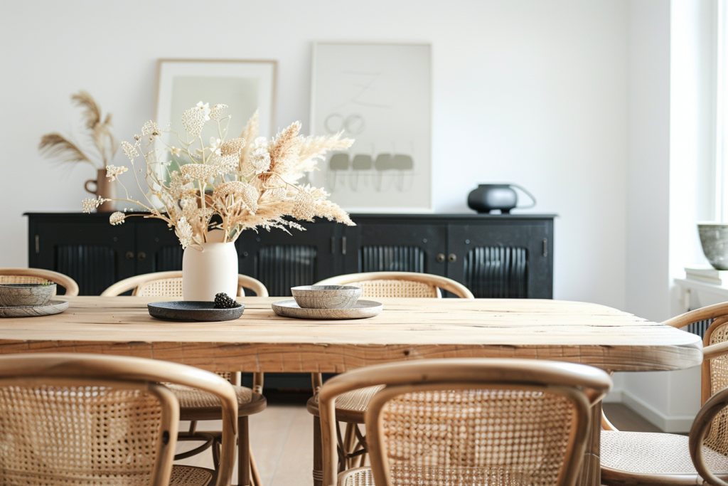 Modern dining room featuring a wooden table, wicker chairs, and a centerpiece with dried floral arrangements in a neutral vase. Black cabinet and minimalist artwork in the background.