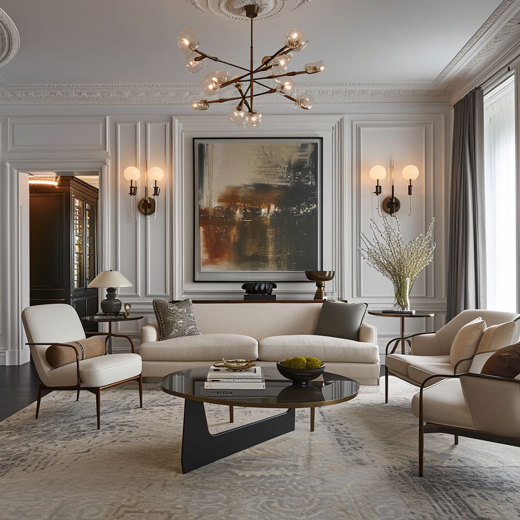 A sophisticated living room featuring a cream sofa, sleek armchairs, a bold abstract painting, ornate wall moldings, and a contemporary chandelier, creating a harmonious blend of classic and modern design elements.
