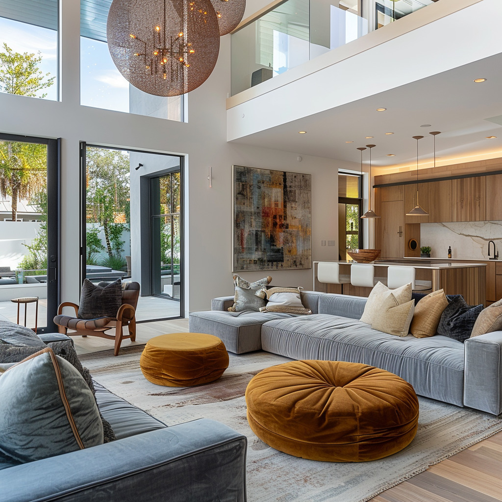 A cozy living room featuring soft ambient lighting, plush gray sofas, mustard velvet ottomans, abstract wall art, and large windows letting in natural light, creating a calming atmosphere perfect for relaxation.