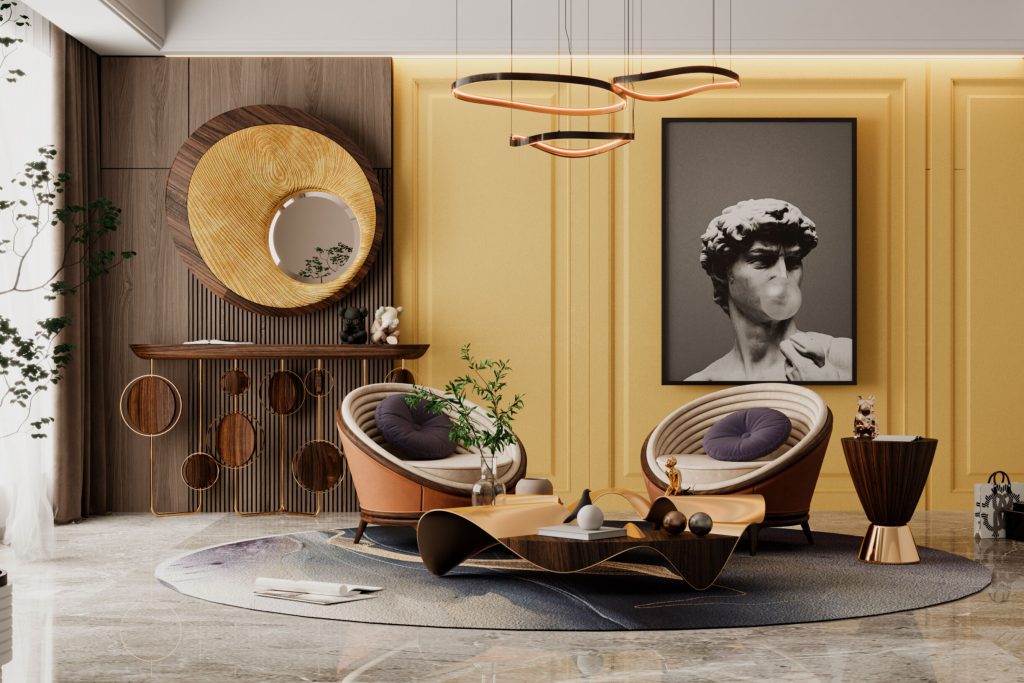 A modern living room showcasing a circular mirror with wooden detailing, paired with bold decor elements like sculptural armchairs, a unique coffee table, and a black-and-white portrait on a mustard yellow accent wall, creating a dramatic and stylish aesthetic.