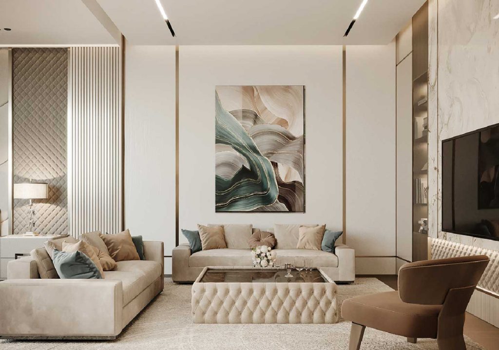 A modern living room featuring bold wall art as the focal point, complemented by neutral-toned furniture and cozy accents, creating a balanced and artistic space.