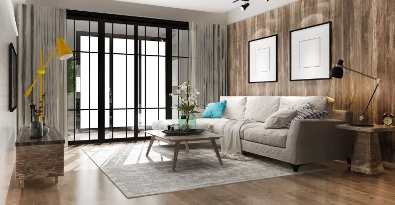 A modern living room with a Global Design Inspirations influence featuring a beige sofa, wooden textured walls, framed minimalist art, and a mix of industrial and rustic elements. A yellow floor lamp adds a pop of color, while large black-framed glass doors enhance the space.