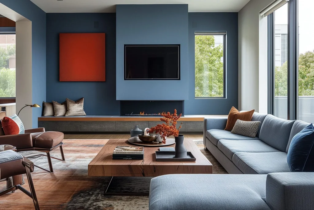 An open-concept living room and kitchen showcasing the psychology of color in interior design, with teal walls, neutral furniture, and natural wood accents.