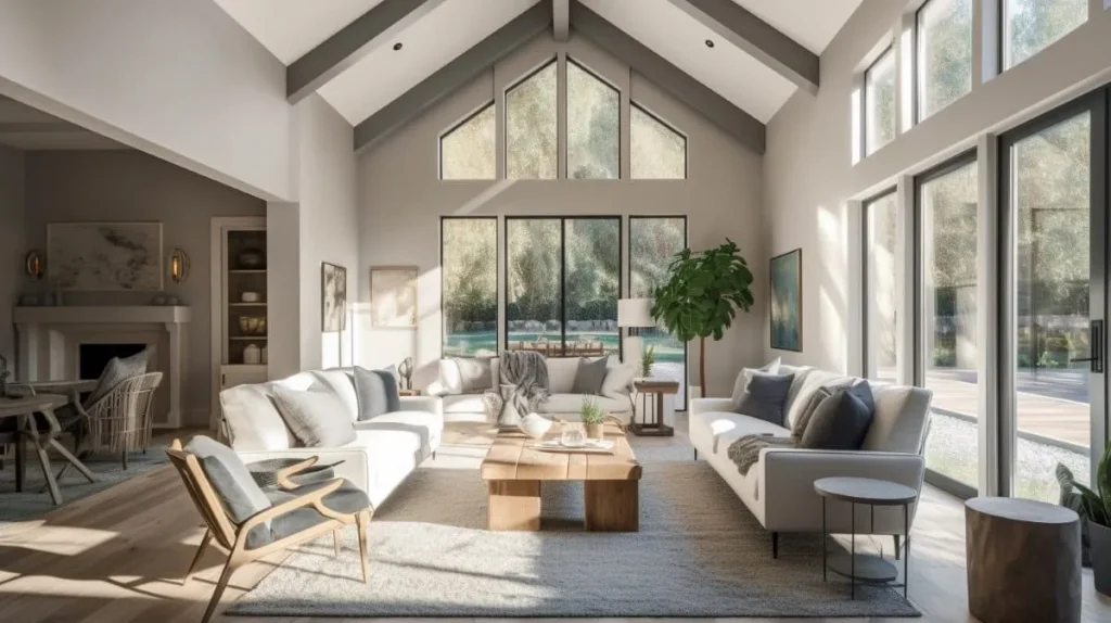 A spacious open-concept living room featuring a balanced furniture layout with light-colored sofas, a wooden coffee table, and large windows allowing natural light to flood the space.