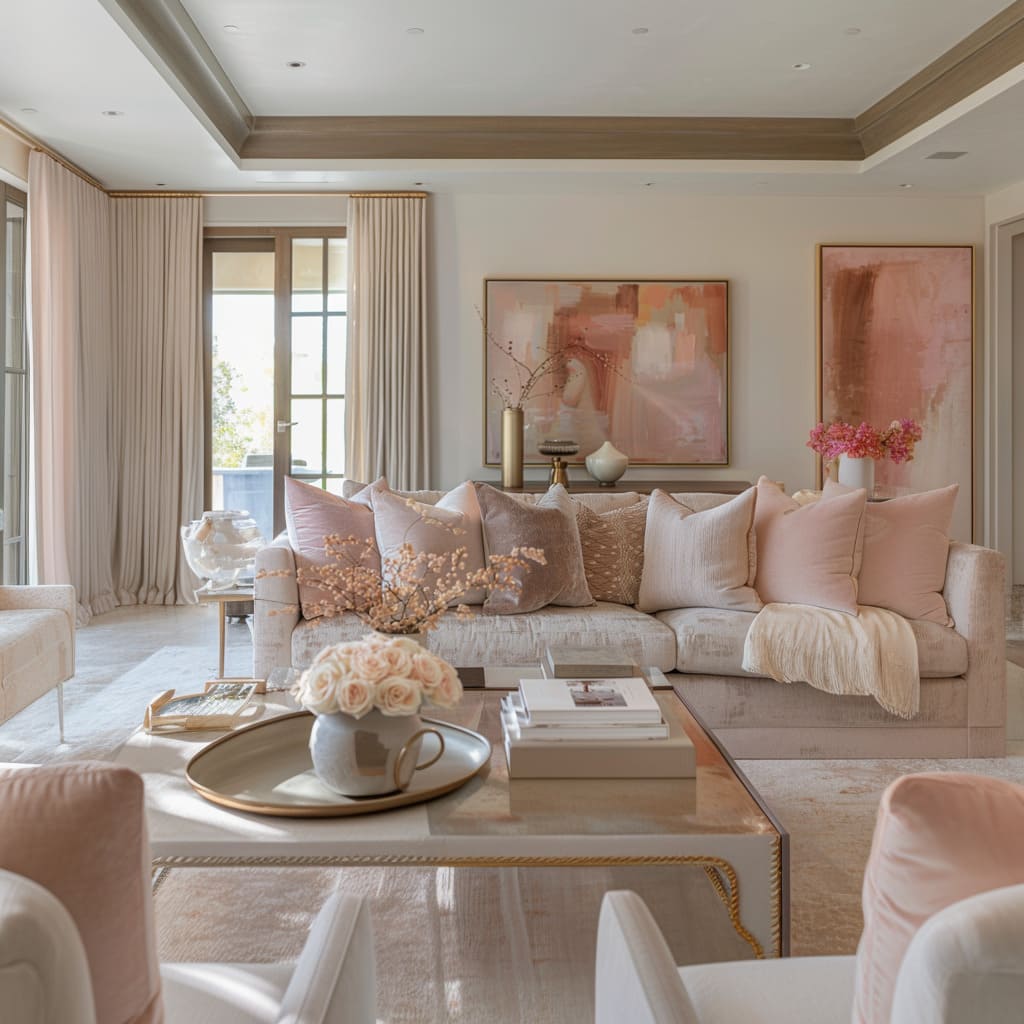 A serene living room featuring a neutral-toned sofa, blush pink pillows, layered textures, and soft lighting, creating a harmonious and elegant atmosphere.