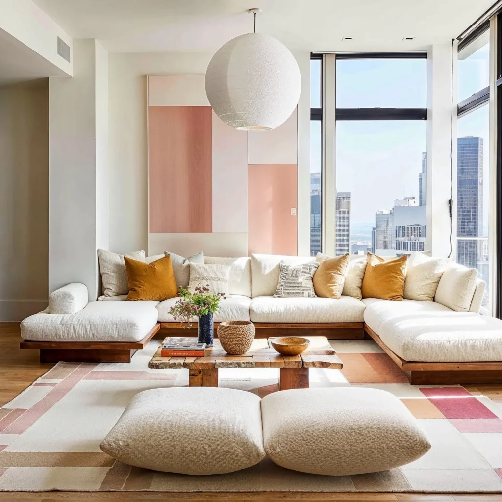 A modern living room with a cozy sectional sofa adorned with mustard and white pillows, a wooden coffee table, and an oversized white globe pendant light hanging from the ceiling, creating a soft and inviting ambiance.