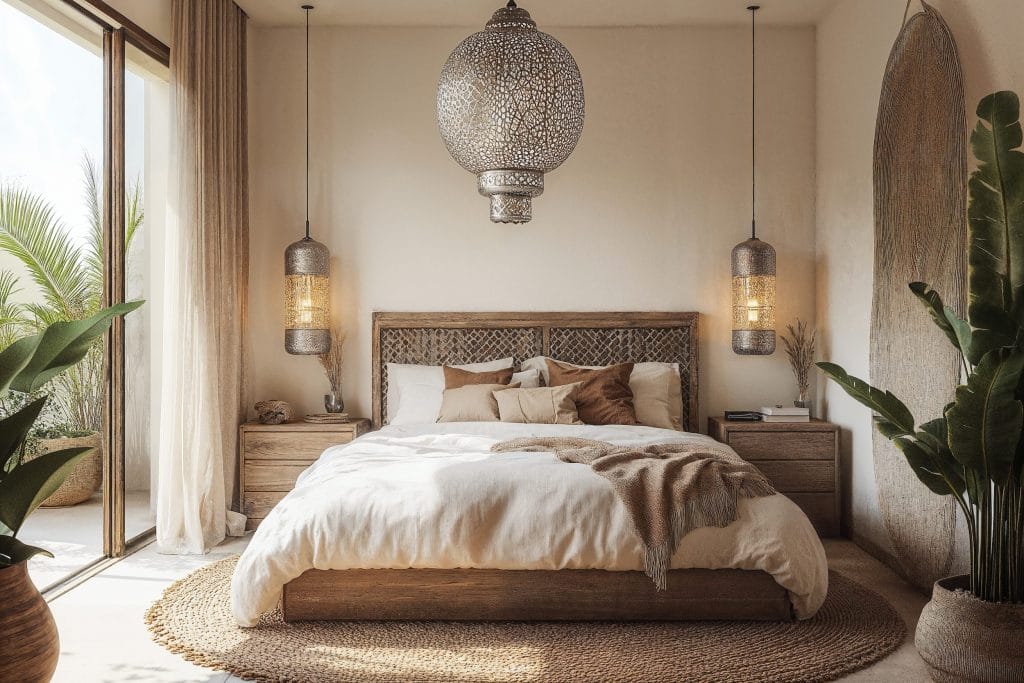 A serene bohemian bedroom featuring a carved wooden bed with a natural-toned bedspread and decorative pillows. Hanging mosaic pendant lights flank the bed, while a large, intricate central lamp acts as a statement piece. Potted plants and earthy textures complete the cozy and inviting look.