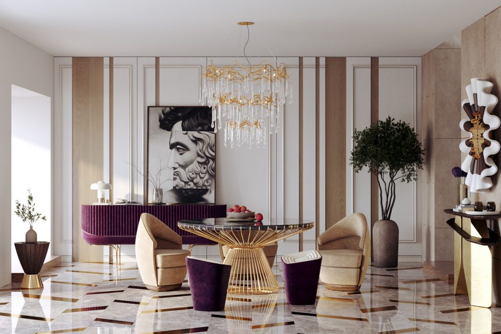 A luxurious dining room featuring a gold statement chandelier, a round dining table with a metallic base, plush velvet chairs in beige and deep purple, and a mix of classic architectural details with modern furnishings, creating a perfectly balanced interior.
