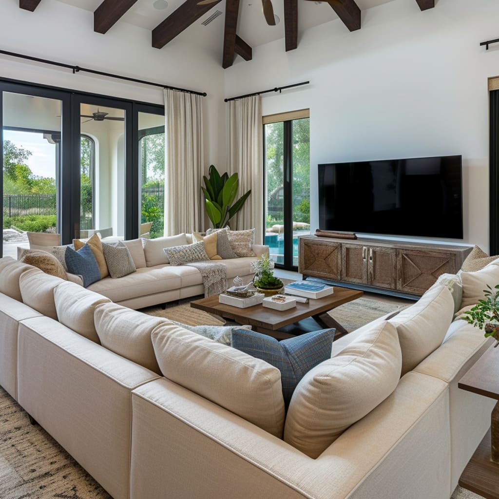 A spacious living room with vaulted ceilings, ample natural light, neutral furniture, layered textures, and a statement chandelier, showcasing the interplay of lighting and colors.