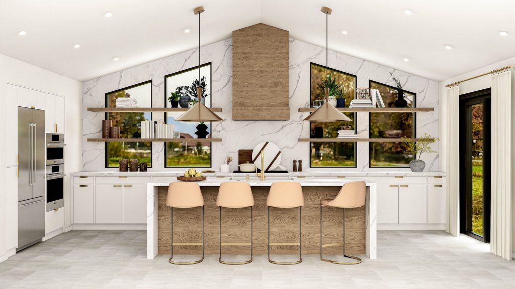 A modern kitchen featuring sculptural pendant lighting, a marble backsplash, wood-paneled accents, and sleek beige bar stools, creating a harmonious and functional space.