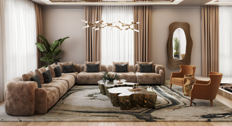 A luxurious living room featuring a curved sectional sofa, a natural wood coffee table, sculptural lighting, and earthy tones, creating an elegant and organic design.