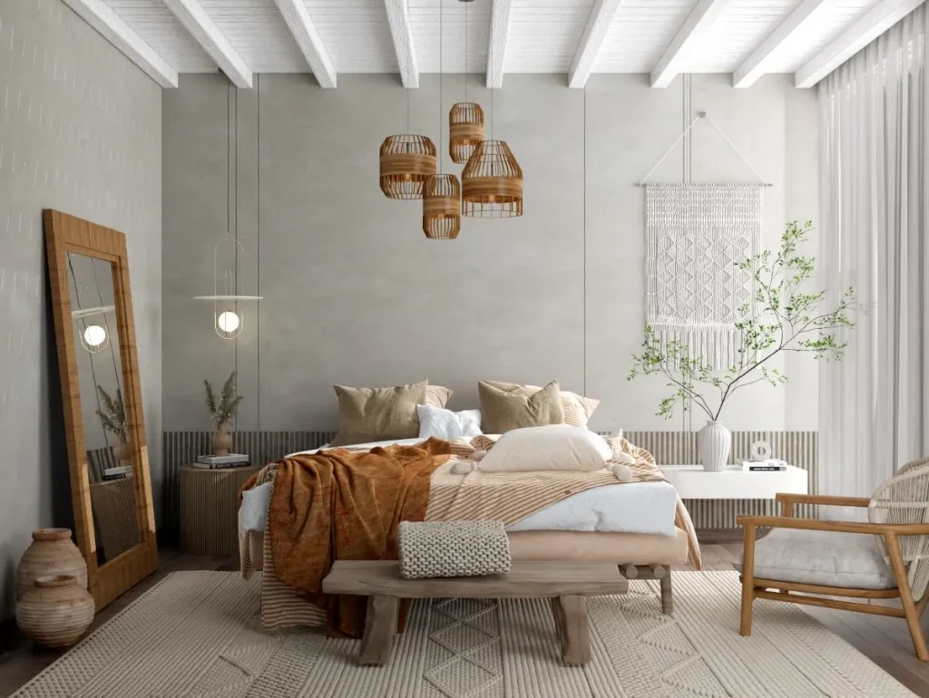 A modern-organic bedroom featuring neutral tones, natural wood textures, a cozy bed with layered linens, and greenery accents, creating a harmonious and tranquil atmosphere.
