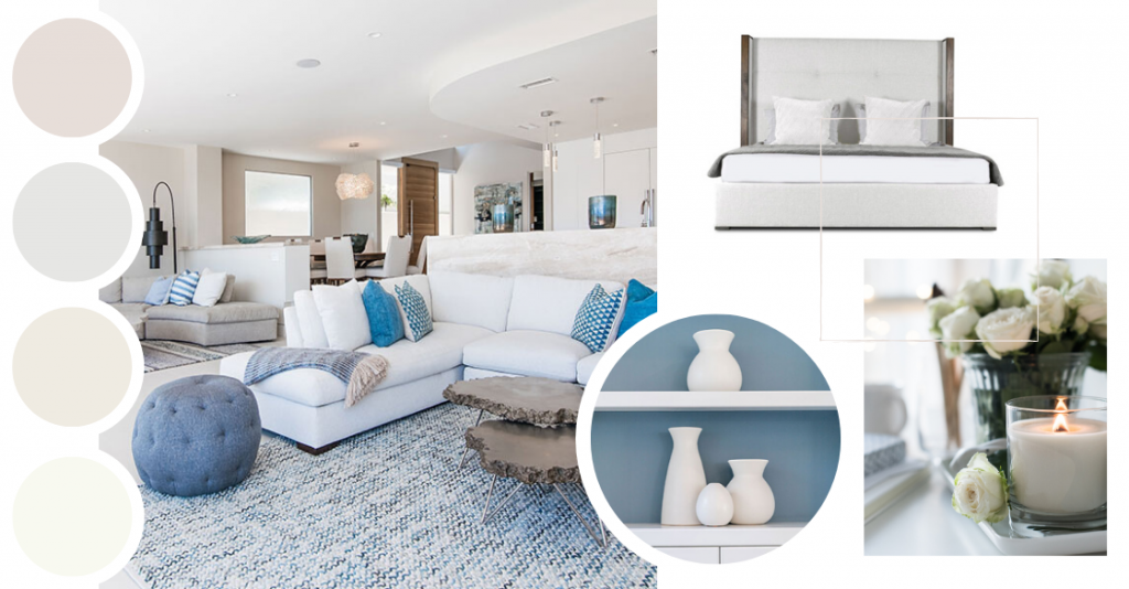 A modern living room designed with the psychology of color in mind, featuring blue and neutral tones that create a harmonious interior design.