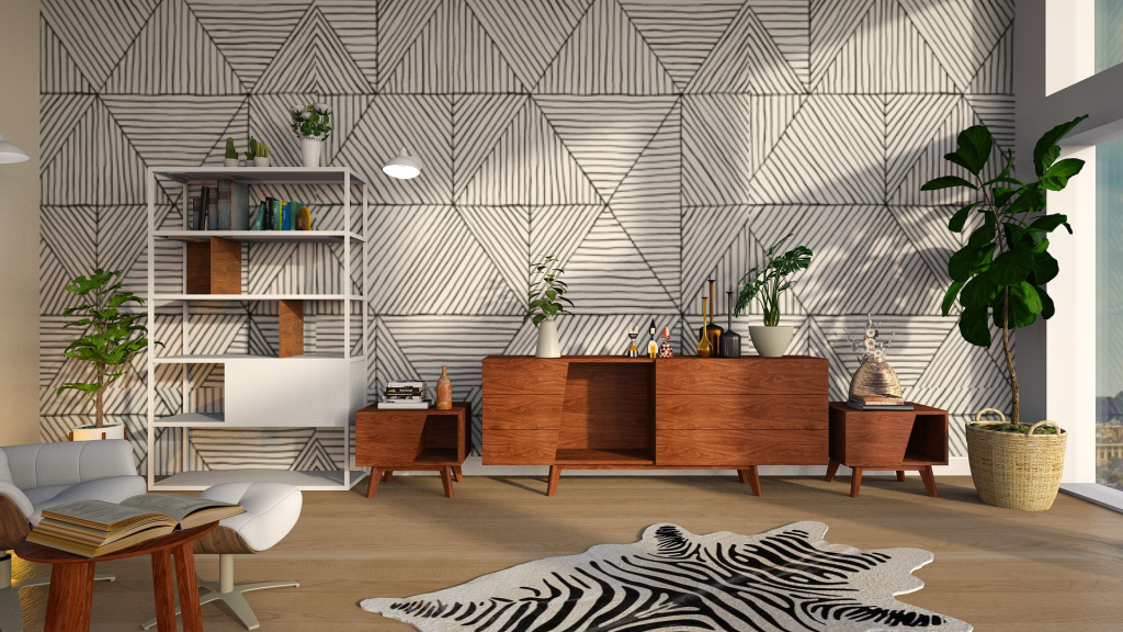 A mid-century modern interior featuring geometric patterned walls, warm wooden furniture, a minimalist bookshelf, lush green plants, and a zebra-patterned rug, combining textures and decor to tell a visual story.