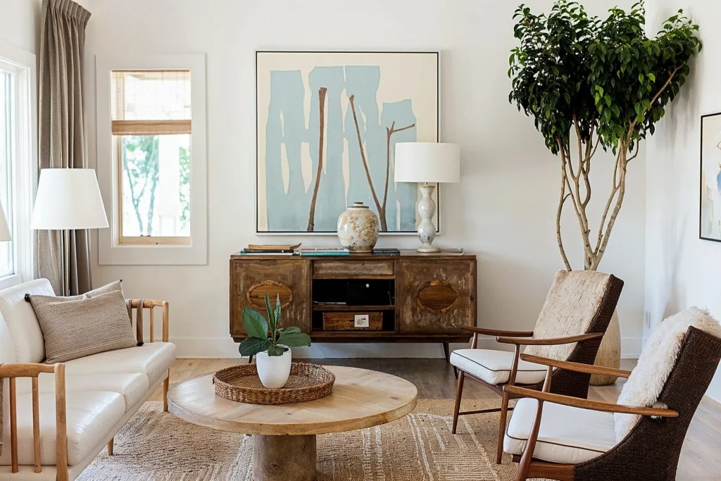  A stunning vintage-modern living room featuring a blend of classic furniture and contemporary elements, including a curved white sofa, fluffy armchairs, a marble fireplace, and elegant built-in shelves, creating a space that’s both timeless and trendy.
