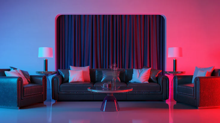 A contemporary living room illuminated with vibrant blue and red LED dynamic lighting, featuring a black leather sofa set, modern glass coffee table, and sleek lamps on either side.