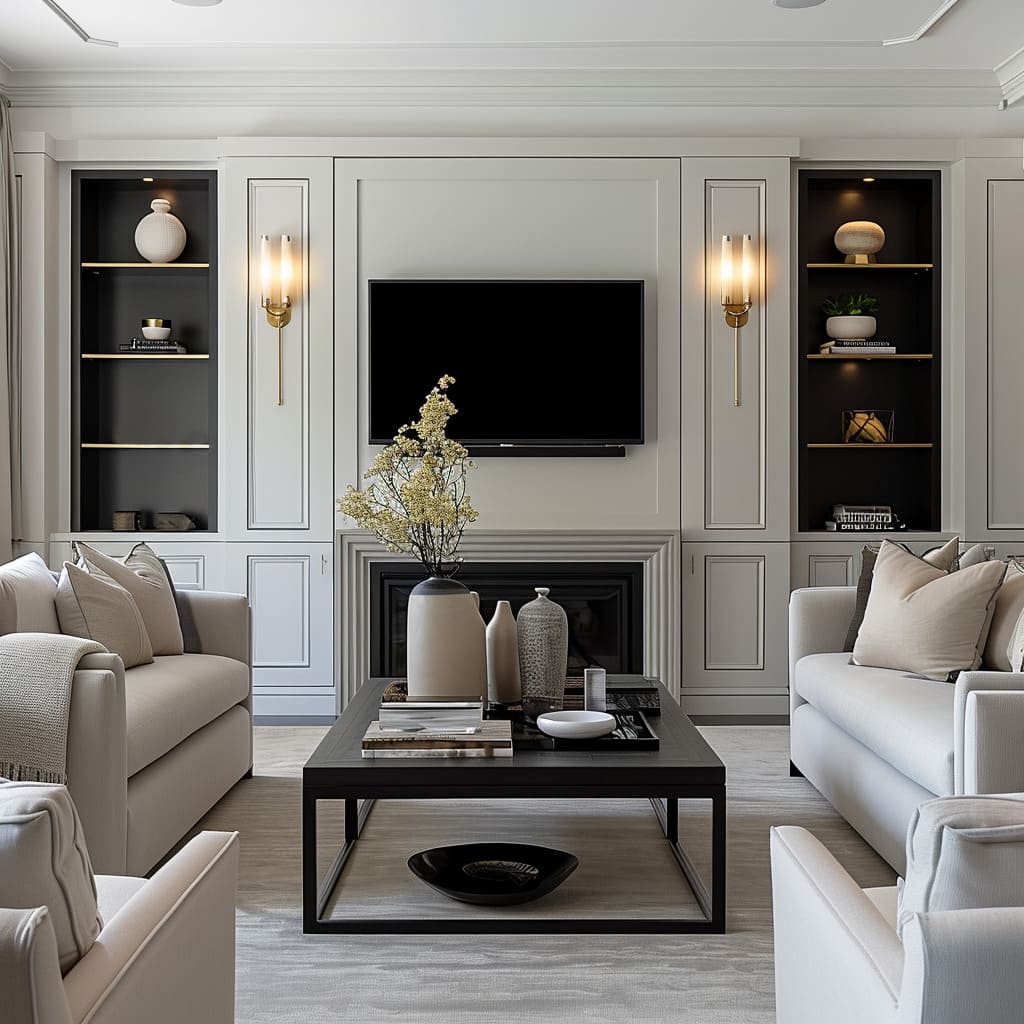 A refined living room featuring classic architectural moldings, neutral-toned furniture, a sleek black coffee table, built-in shelving, and a modern fireplace with a mounted TV, perfectly balancing classic and contemporary design elements.
