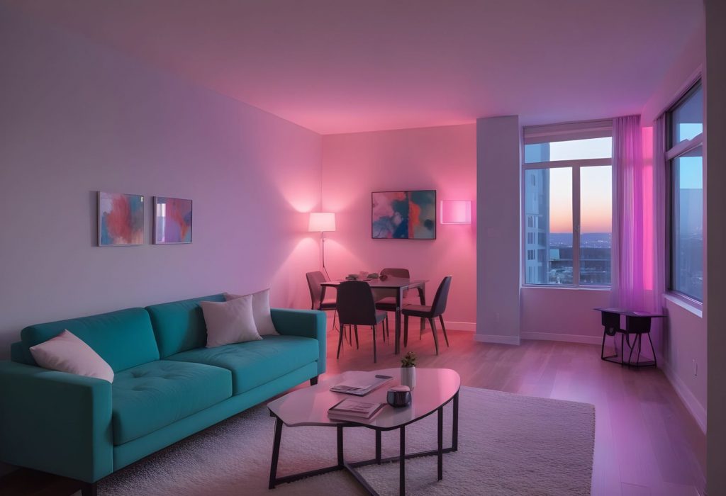 A modern living room featuring dynamic pink-hued lighting that highlights a teal sofa, dining area, and large windows with a view of the sunset, creating a calming ambiance.