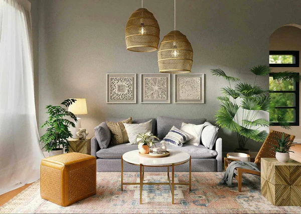 A beautifully layered living room featuring natural textures, woven pendant lighting, and lush greenery. A neutral-toned sofa with decorative pillows is complemented by a round coffee table, an earthy-toned area rug, and rattan accents. The space feels warm and inviting with layered lighting and organic elements.