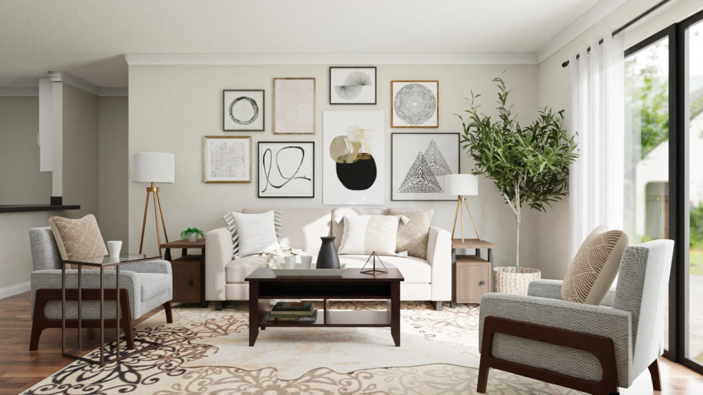 A stylish living room with a neutral color palette, featuring a beige sofa, two modern armchairs with wooden frames, and a dark wood coffee table. The space is enhanced by layered textures, including patterned throw pillows, a plush area rug, and a gallery wall of framed abstract artwork. Large windows with sheer curtains allow natural light to fill the room, complemented by potted greenery for a fresh, organic touch.