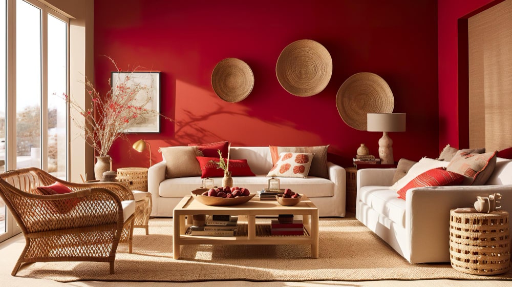 A cozy living room with deep red walls, white sofas, and natural woven decor. The space is accented with earthy tones, including a rattan chair, wooden coffee table, and woven wall baskets. Large windows allow natural light to enhance the warmth of the design.