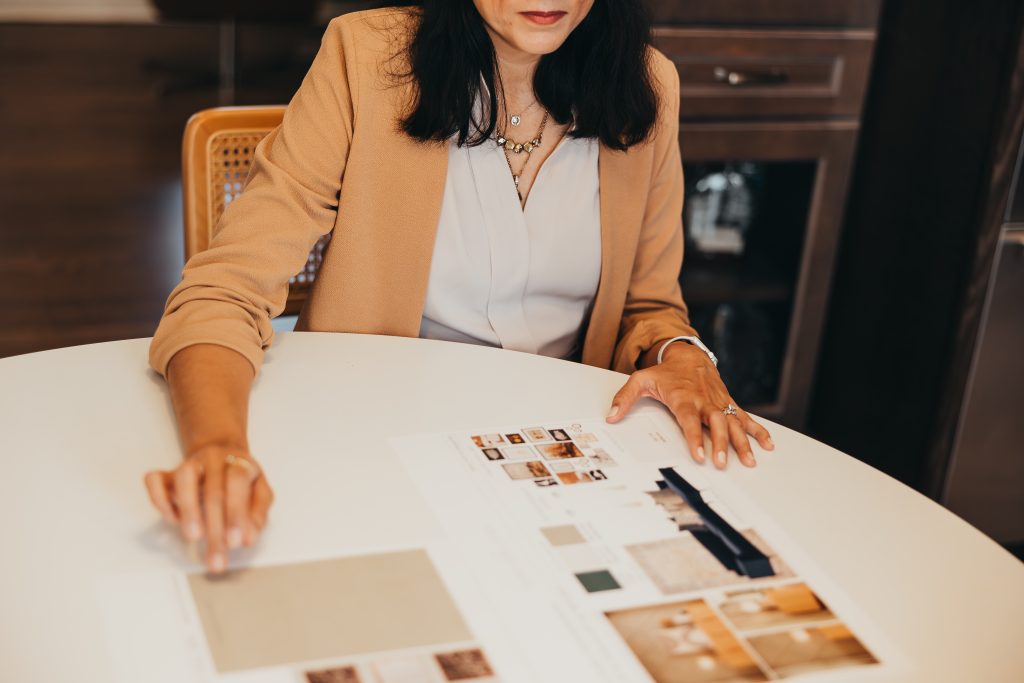 Mood board presentation material swatches on Tampa designer desk