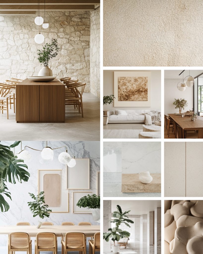 Curated Pinterest board showing layered interior design inspiration for a modern organic dining room